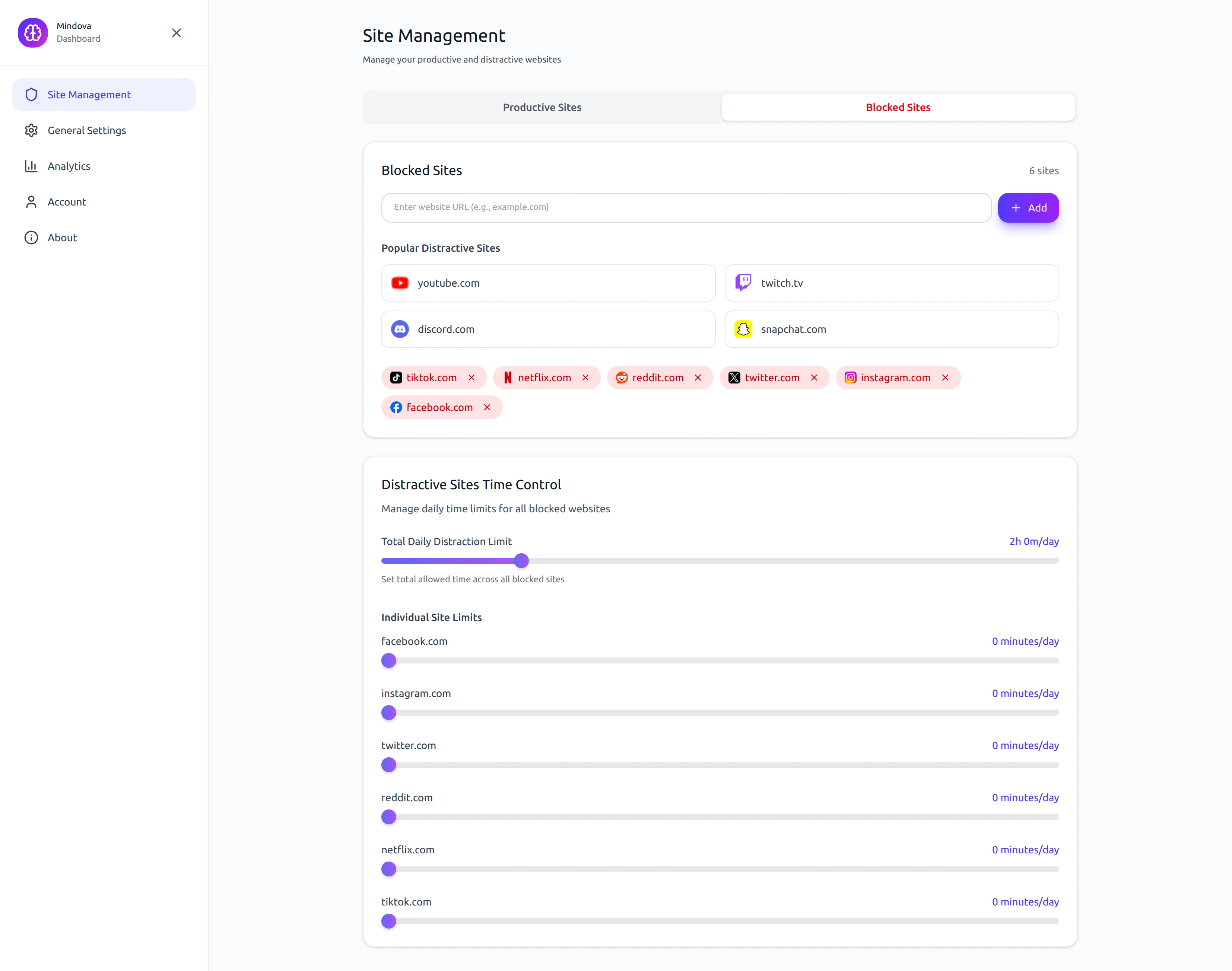 The Mindova Site Management screen: a list of blocked websites, a total daily distraction limit, and separate daily limits for individual websites.