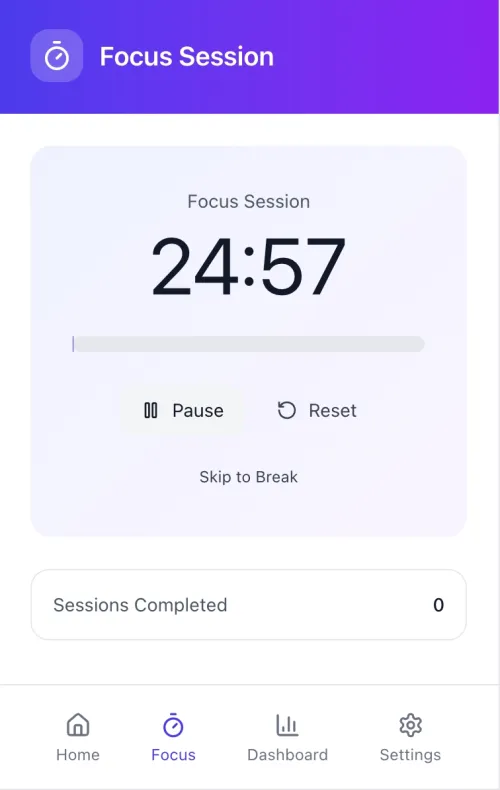 Mindova extension popup showing a focus session timer