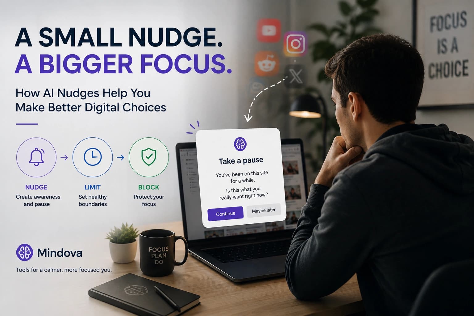 Mindova AI focus nudge prompting a user to pause before continuing on a distracting website