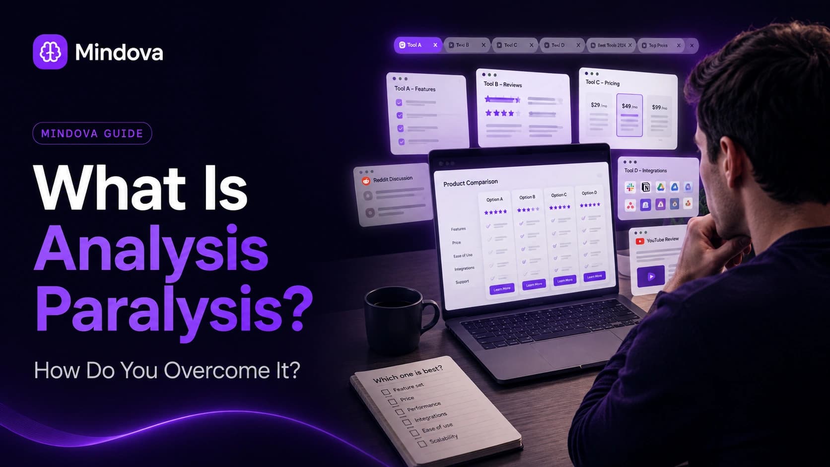 Person stuck comparing too many options during analysis paralysis