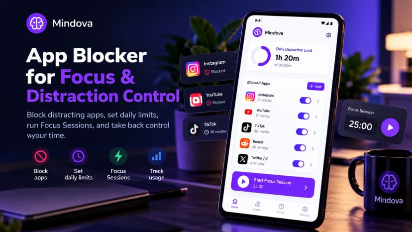Mindova app blocker on Android showing blocked apps, daily app limits, Focus Sessions, and usage tracking