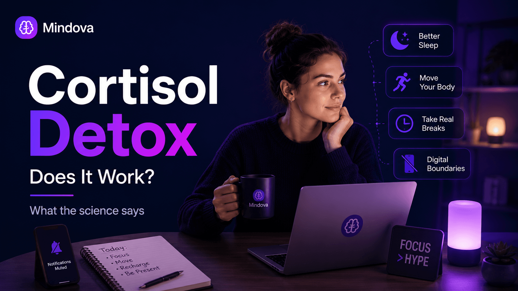 Person creating a calmer routine while reading about cortisol detox claims