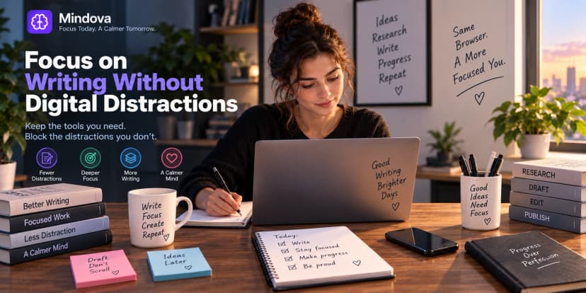 Writer focusing on a document while avoiding digital distractions