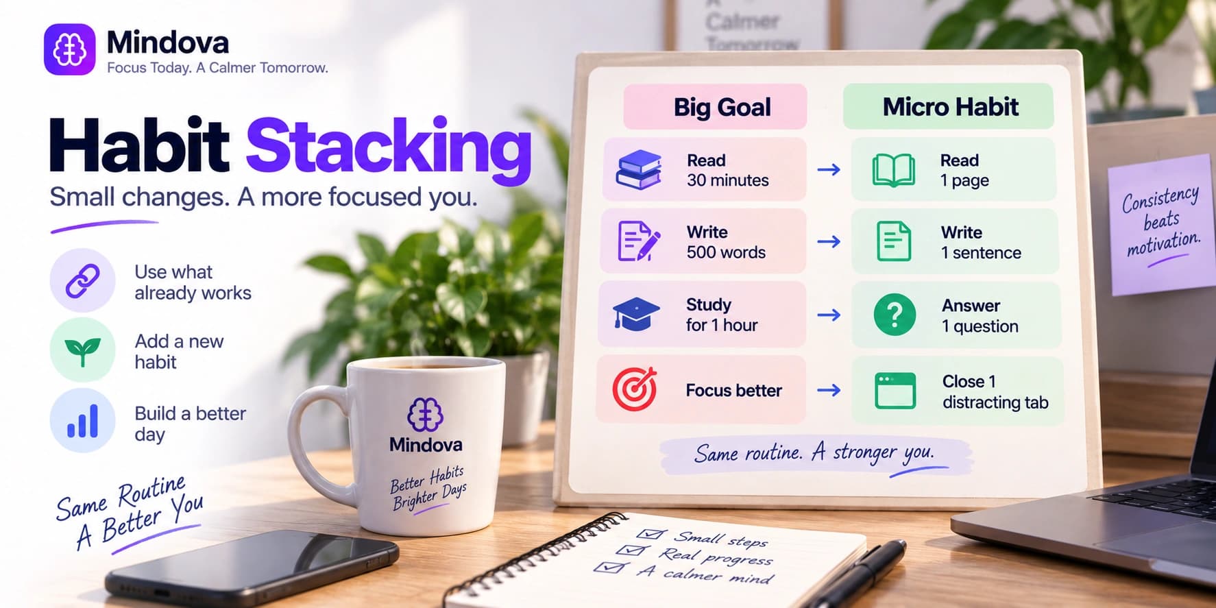 Person linking a new habit to an existing daily routine at a desk
