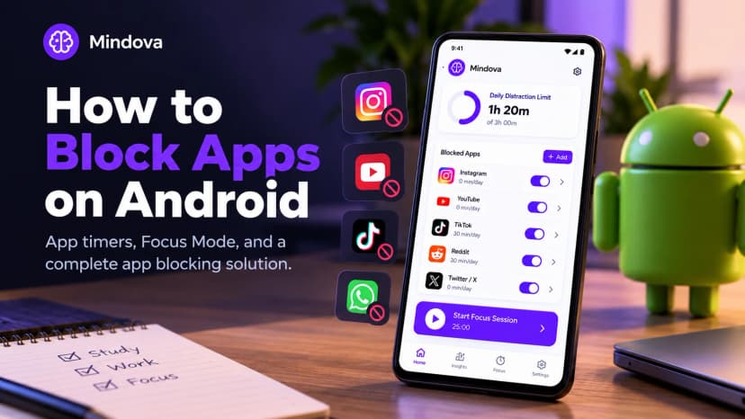 Mindova on Android showing blocked apps, daily app limits, and a Focus Session