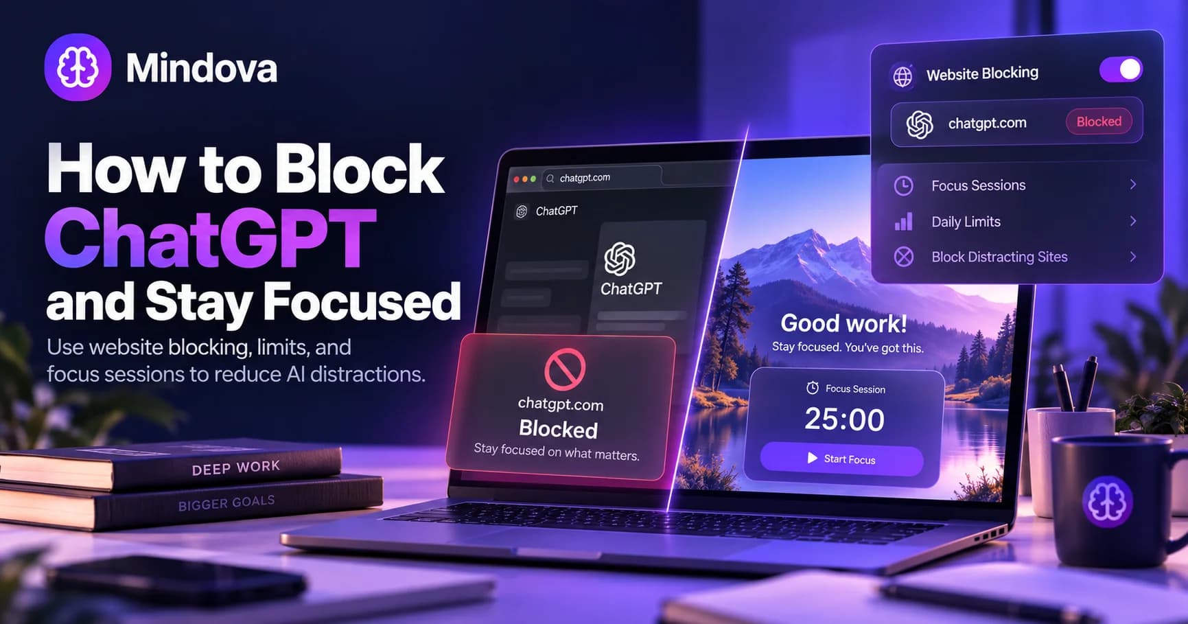 How to block ChatGPT on Chrome with Mindova using website blocking, daily limits, and Focus Sessions
