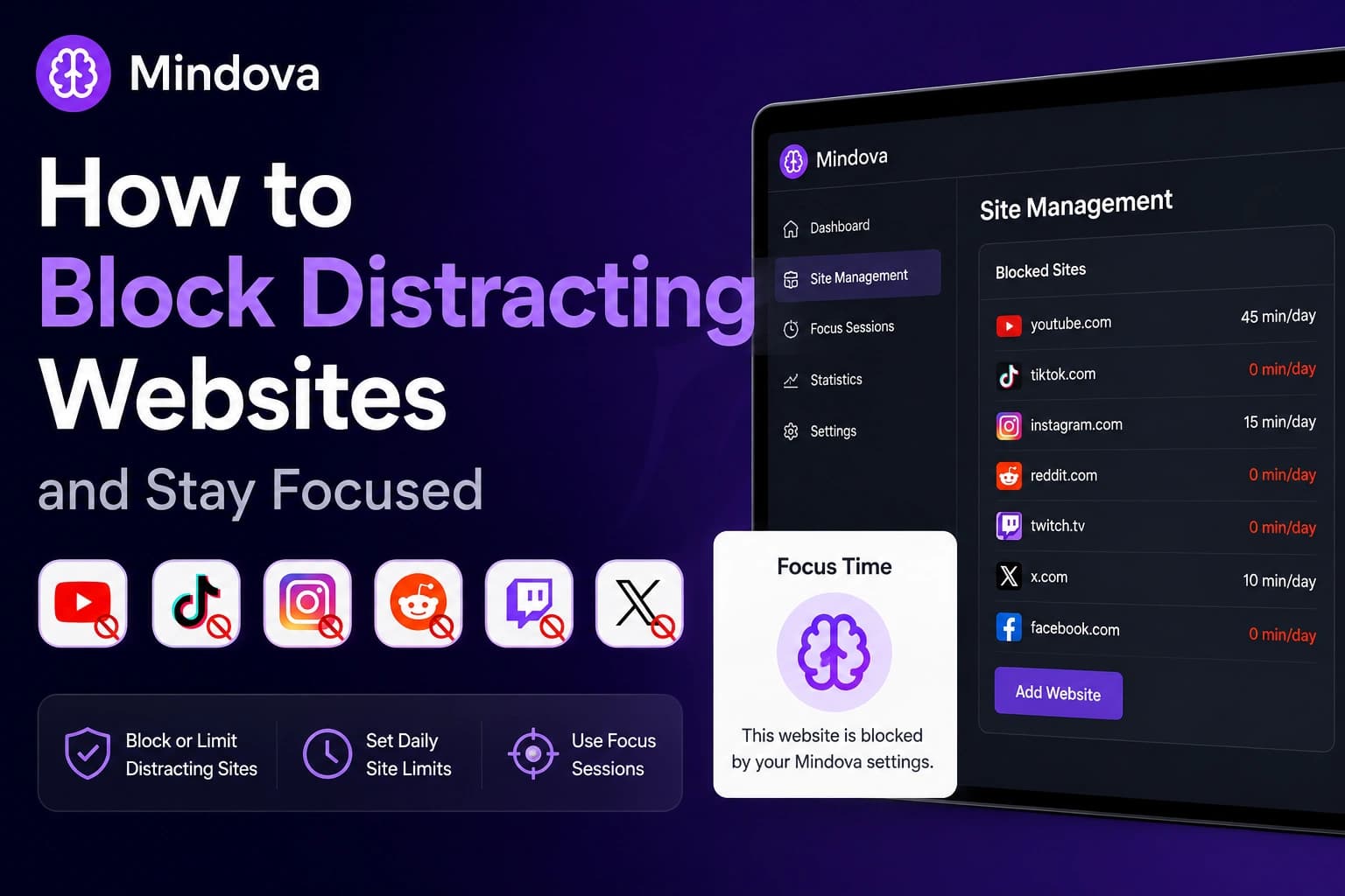 How to block distracting websites and manage daily website limits with Mindova