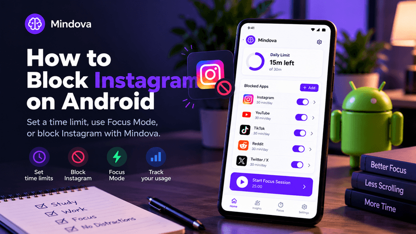 Mindova on Android showing Instagram with app limits, Focus Mode, and usage tracking