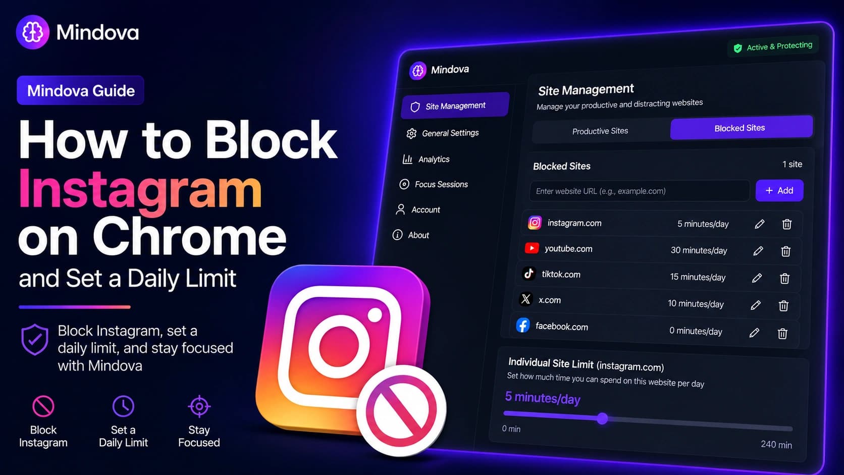 How to block Instagram on Chrome with Mindova and set a daily Instagram limit