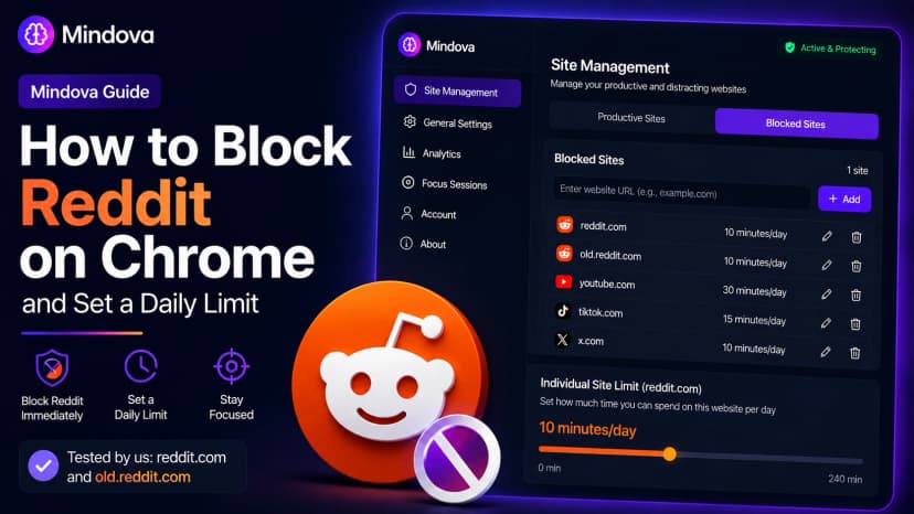 How to block Reddit on Chrome with Mindova and set a daily Reddit limit