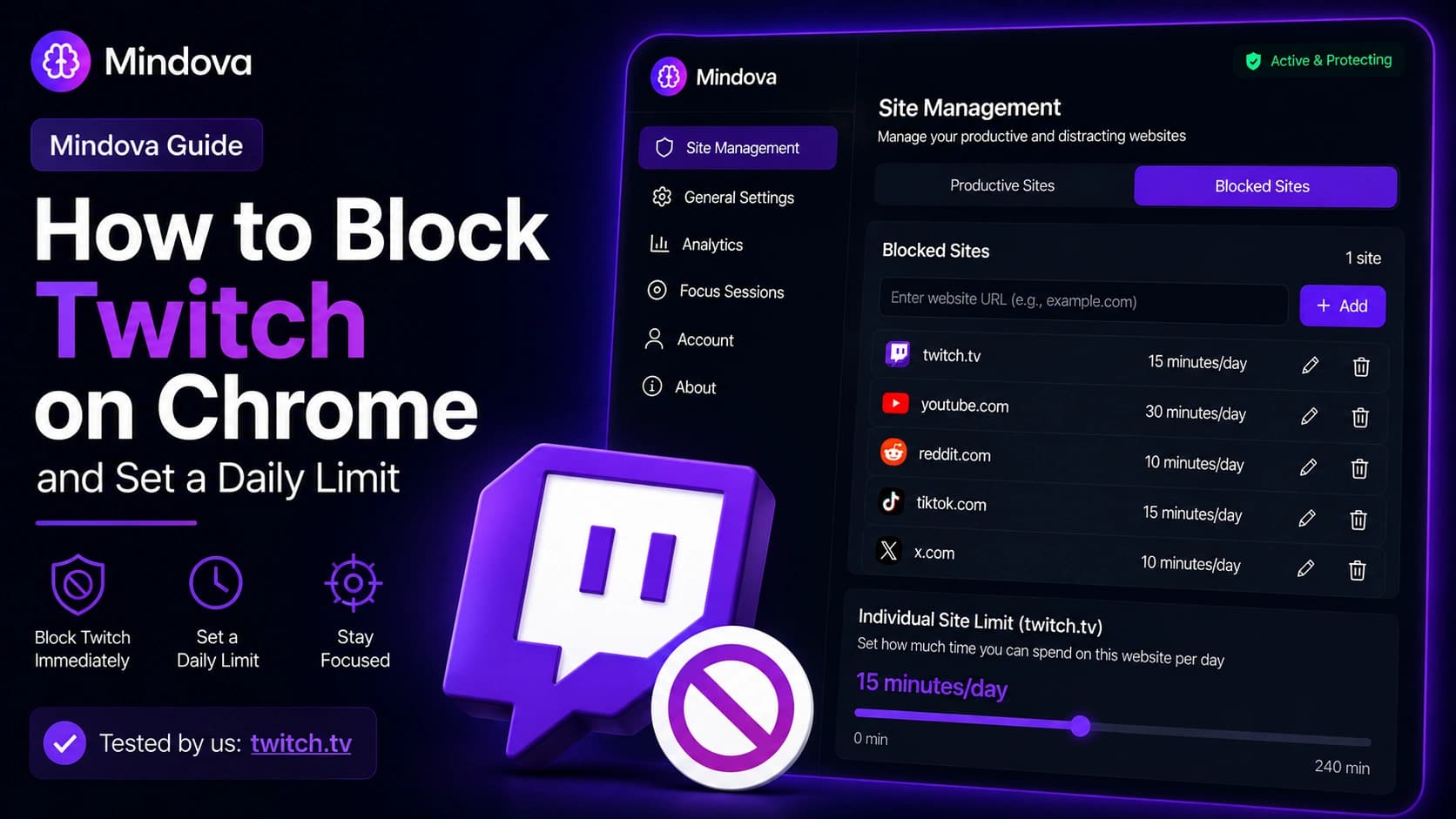 How to block Twitch on Chrome with Mindova and set a daily Twitch limit
