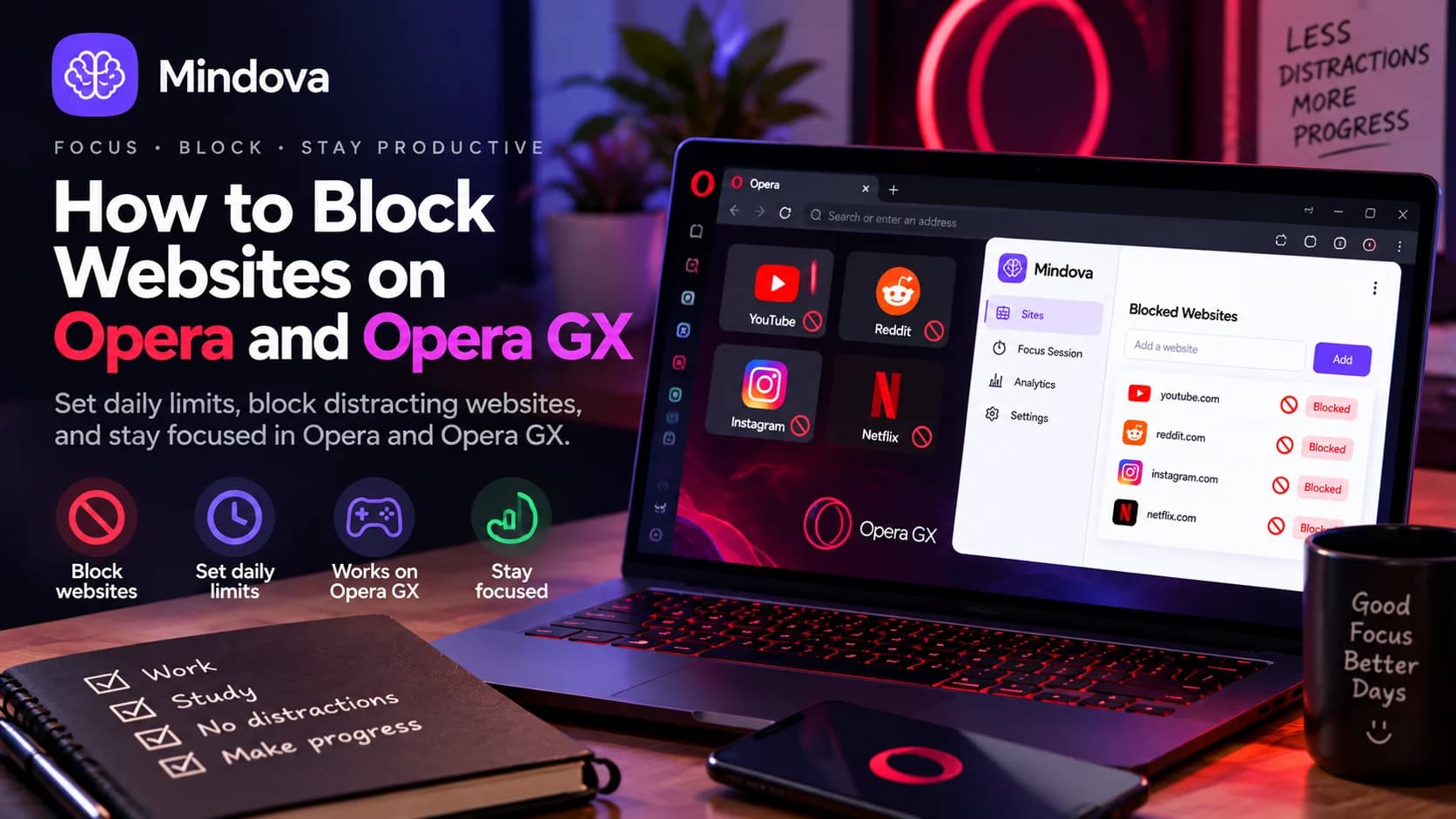 How to block distracting websites on Opera and Opera GX with Mindova using daily limits and Focus Sessions