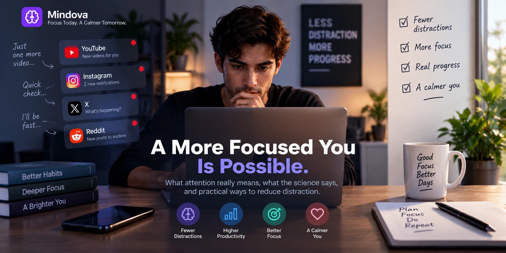 Person focusing on one task while reducing competing digital distractions