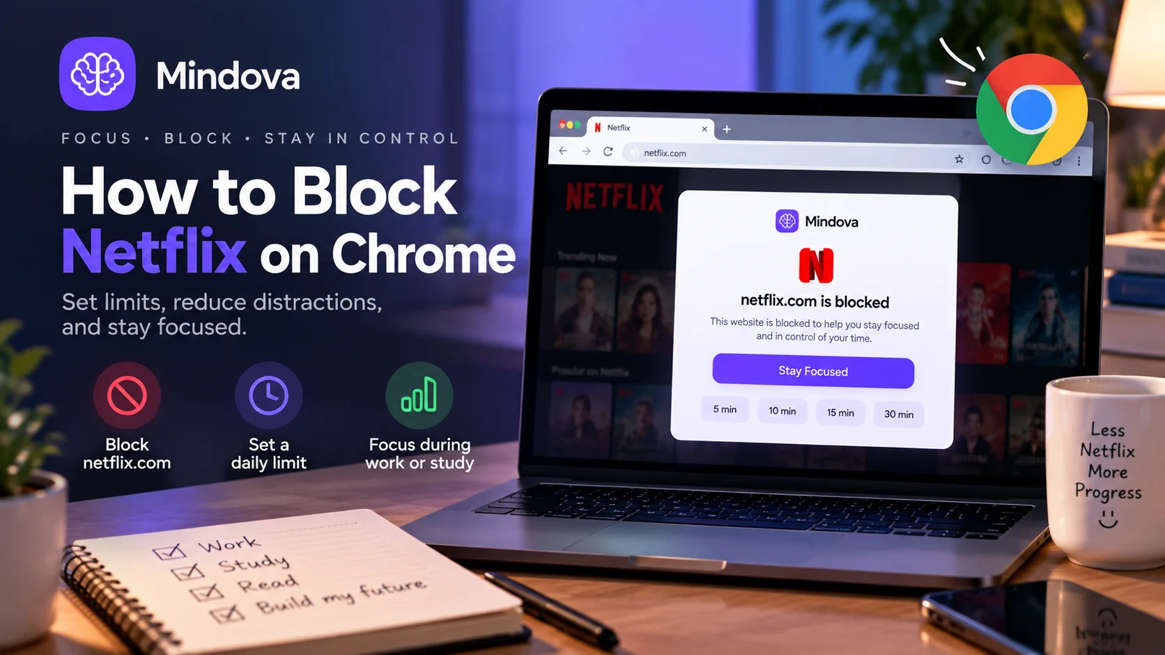 How to block Netflix on Chrome with Mindova by blocking netflix.com, setting daily limits, and using Focus Sessions