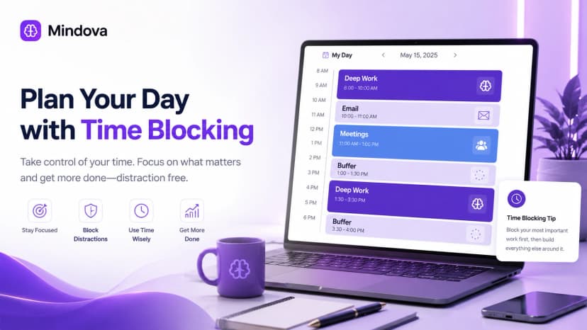 Time blocking schedule with focused work, meetings, and buffer time