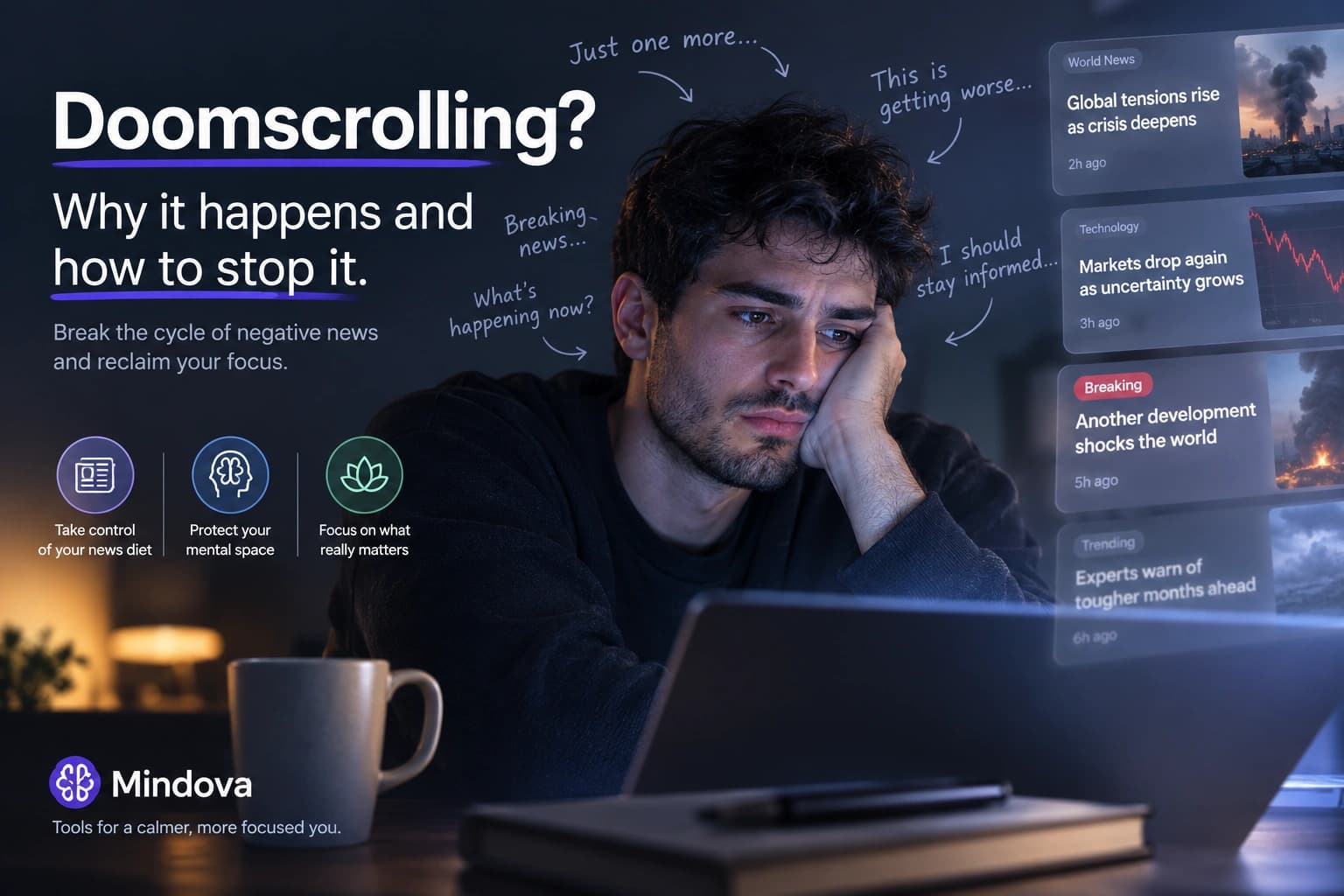 Person doomscrolling negative news on a laptop