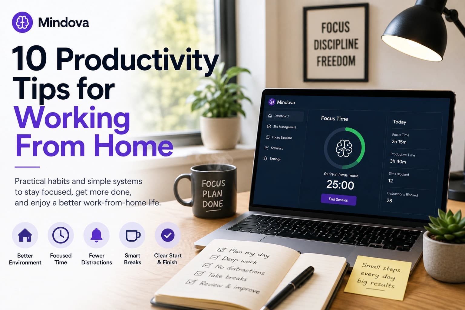 Mindova showing daily limits for distracting websites while working from home